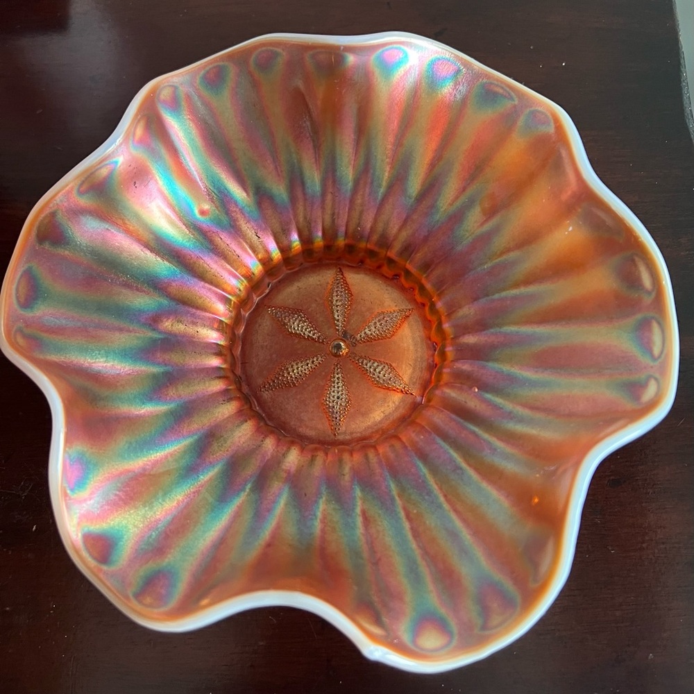 Vintage Dugan Carnival Glass Iridescent Orange Decorative Bowl